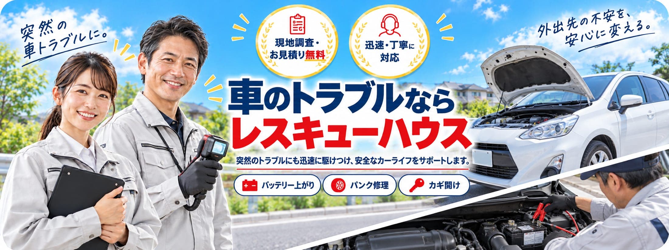 車のトラブルならレスキューハウス。現地調査・お見積り無料、迅速・丁寧に対応。突然のトラブルにも迅速に駆けつけ、安全なカーライフをサポートします。
