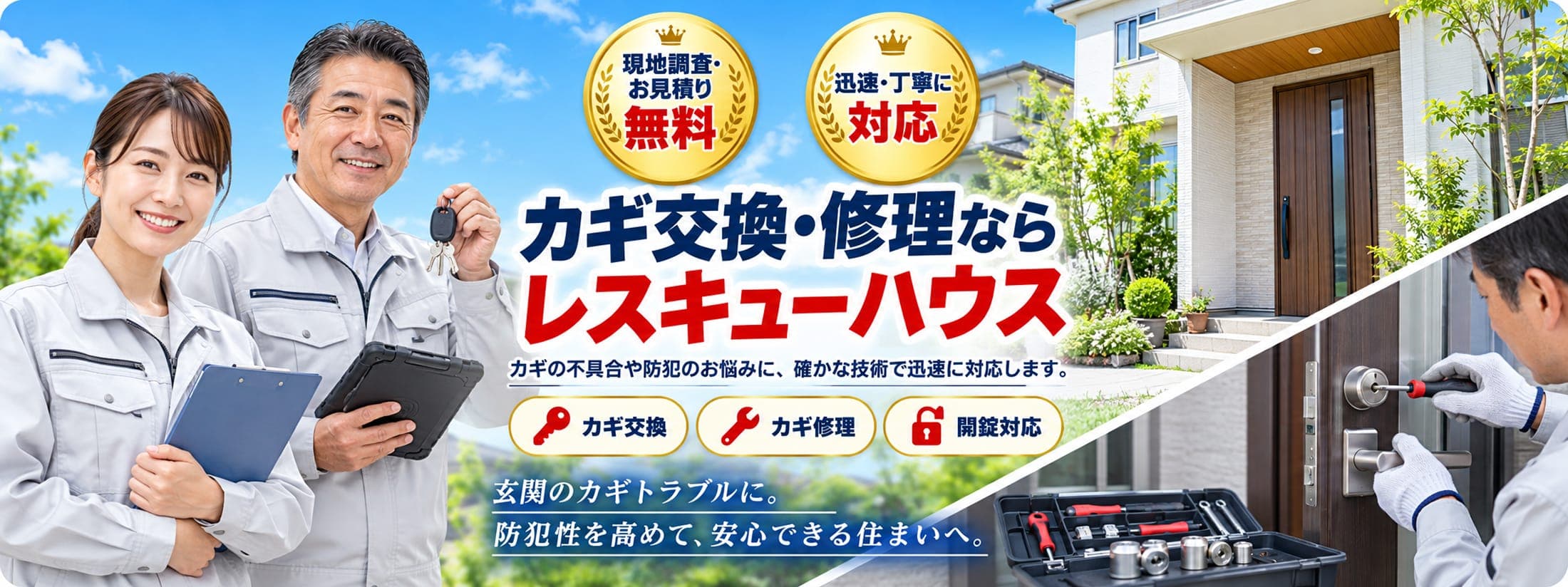 カギ交換・修理ならレスキューハウス。現地調査・お見積り無料、迅速・丁寧に対応。カギの不具合や防犯のお悩みに、確かな技術で迅速に対応します。