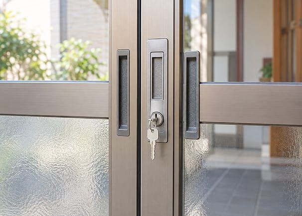玄関の引き戸の中央に取り付けられた引き戸錠