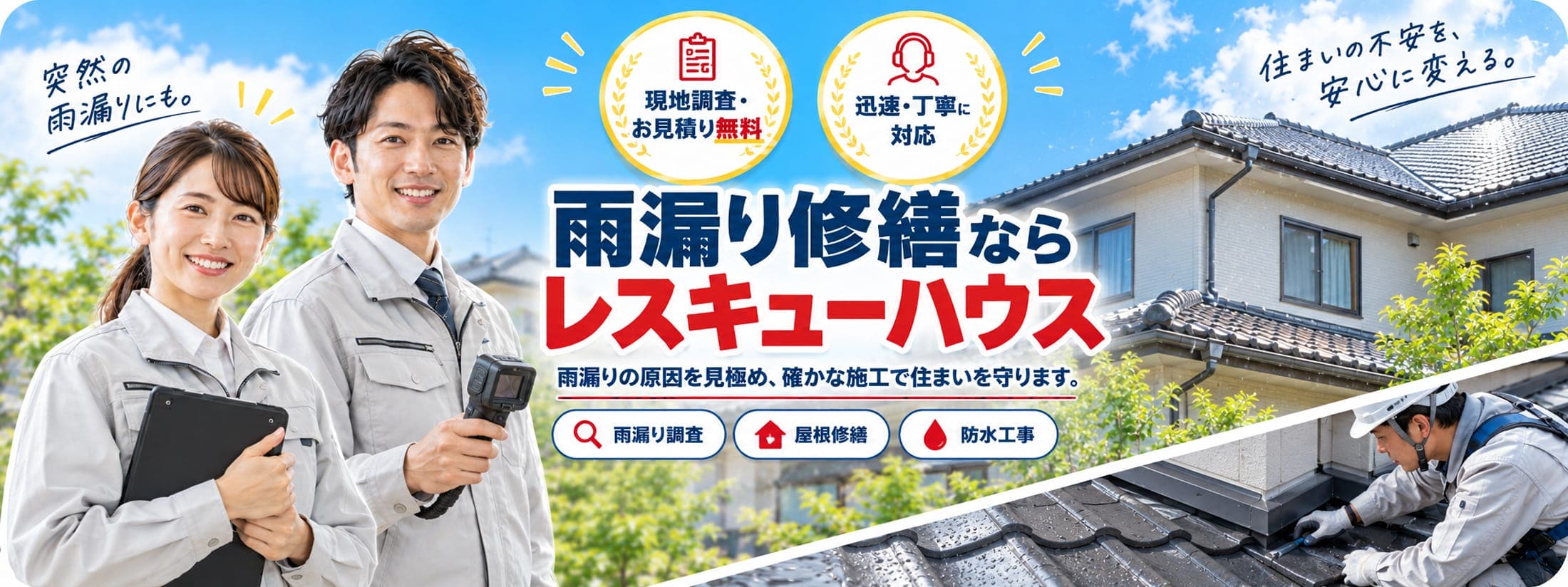 雨漏り修繕ならレスキューハウス。現地調査・お見積り無料、迅速・丁寧に対応。雨漏りの原因を見極め、確かな施工で住まいを守ります。