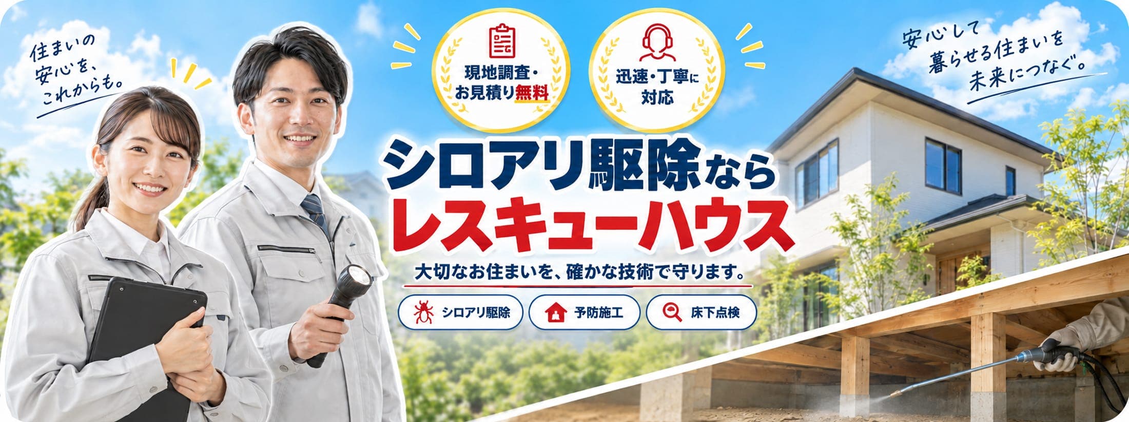 シロアリ駆除ならレスキューハウス。現地調査・お見積り無料、迅速・丁寧に対応。大切なお住まいを、確かな技術で守ります。