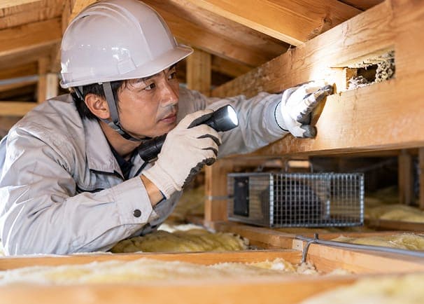 天井裏で害獣の侵入口と捕獲器を確認する作業員