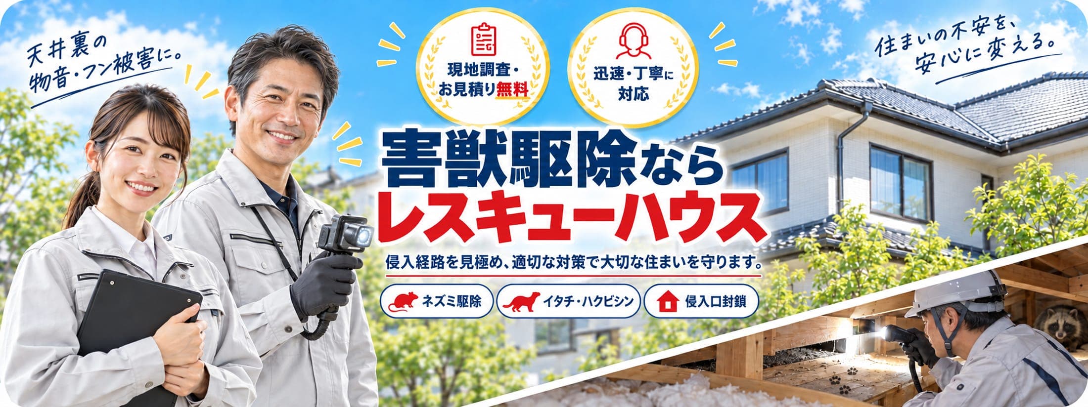 害獣駆除ならレスキューハウス。現地調査・お見積り無料、迅速・丁寧に対応。侵入経路を見極め、適切な対策で大切な住まいを守ります。