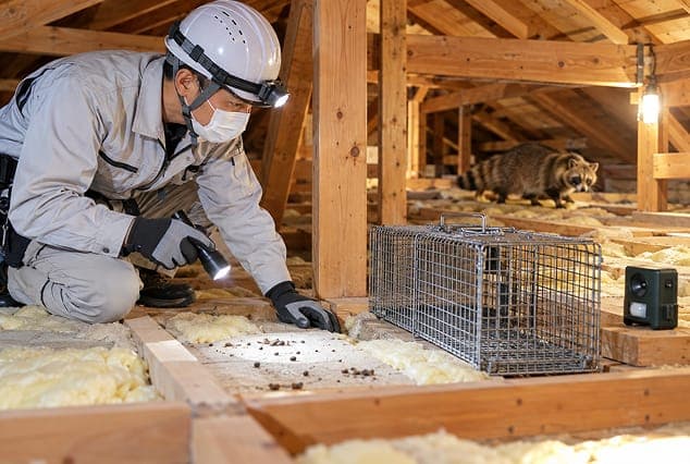 天井裏での害獣の追い出し・捕獲作業