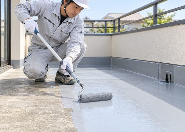 ベランダの床にローラーで防水材を塗る作業員
