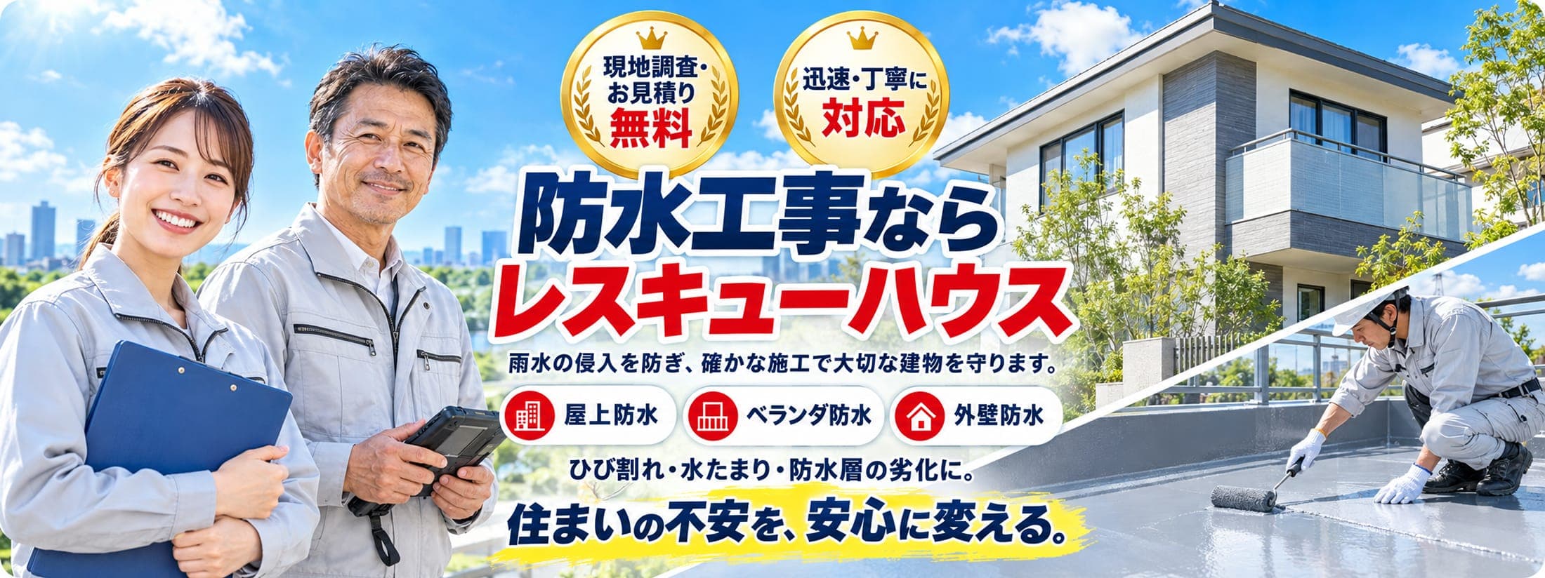 防水工事ならレスキューハウス。現地調査・お見積り無料、迅速・丁寧に対応。雨水の侵入を防ぎ、確かな施工で大切な建物を守ります。